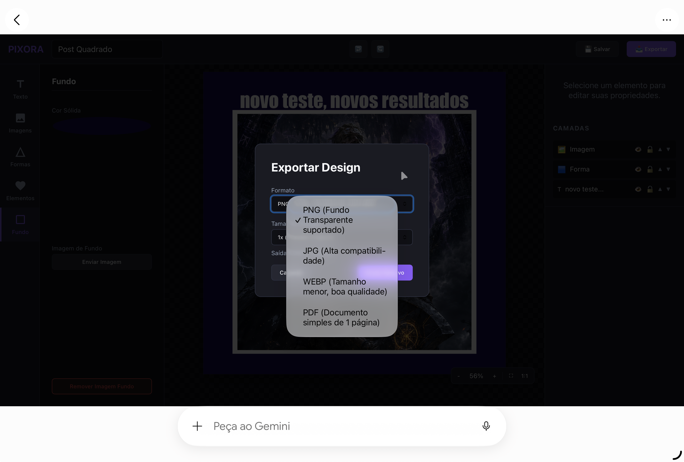 Novas opções de exportação WebP e PNG HD