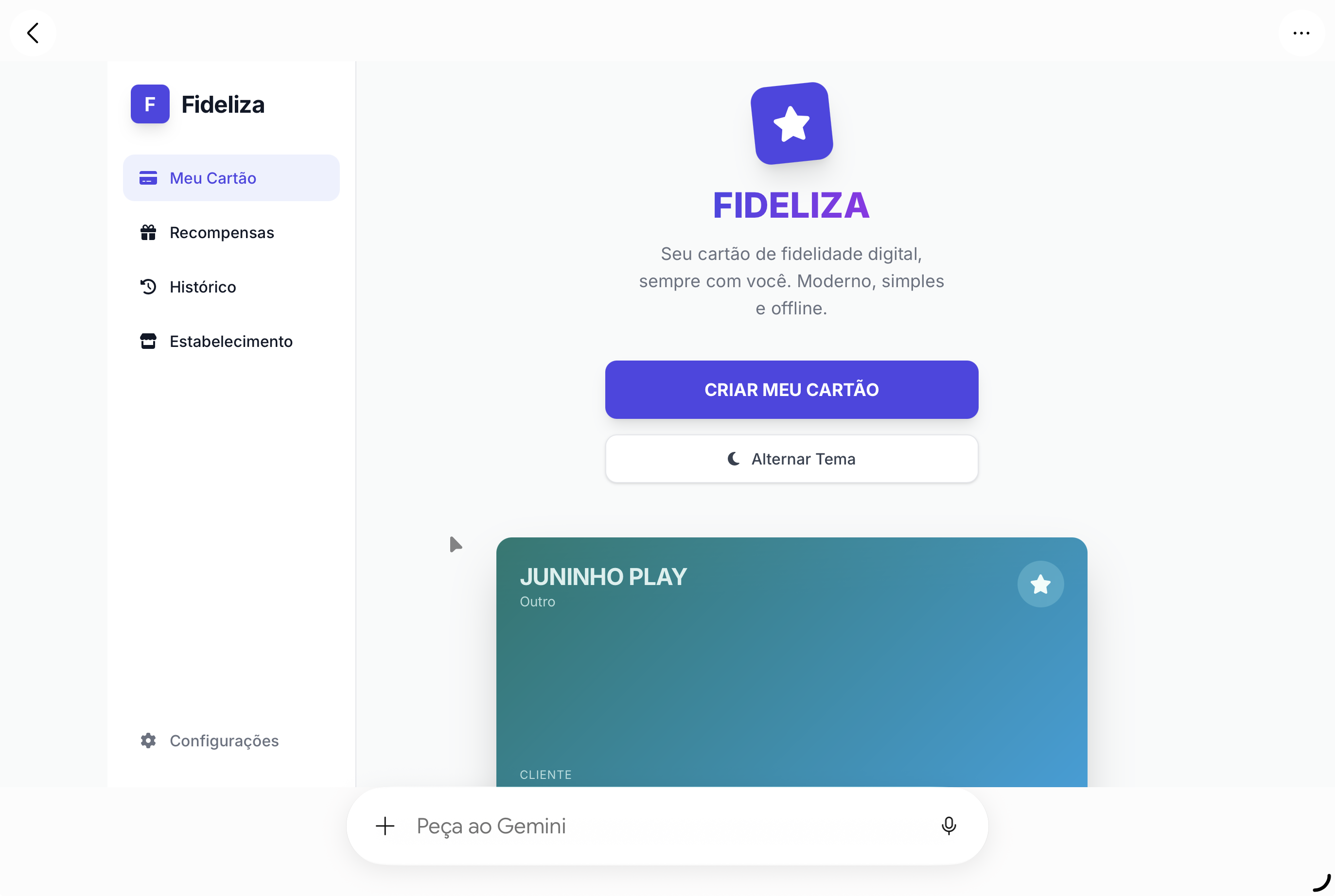 Tela inicial básica do app Fideliza gerado por IA