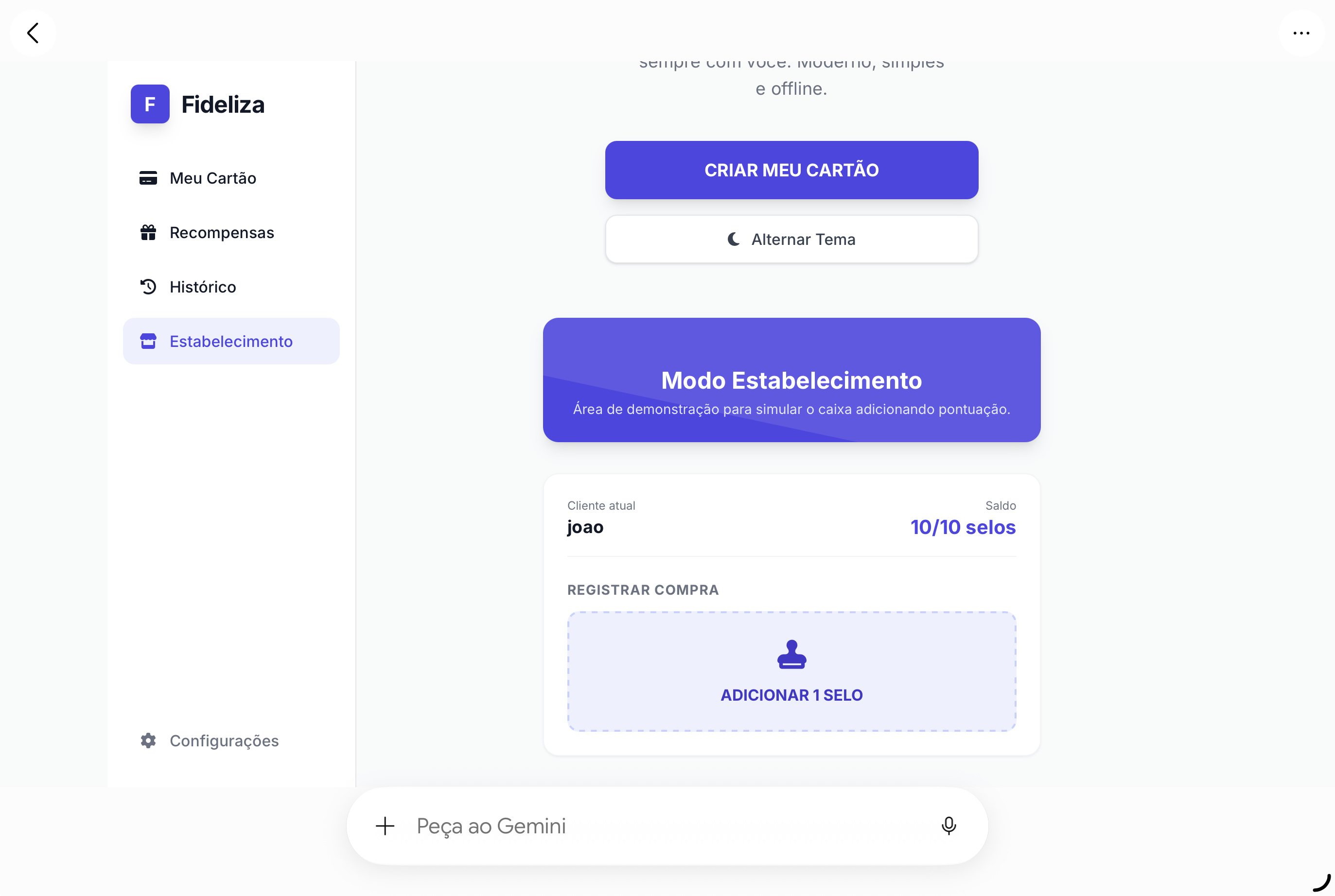 Painel primitivo para lojista adicionar pontos