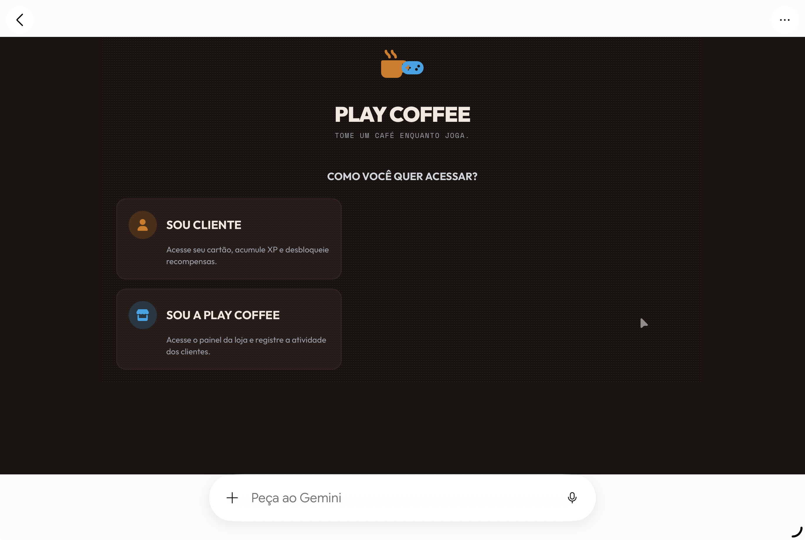 Apresentação do app Play Coffee com acesso duplo