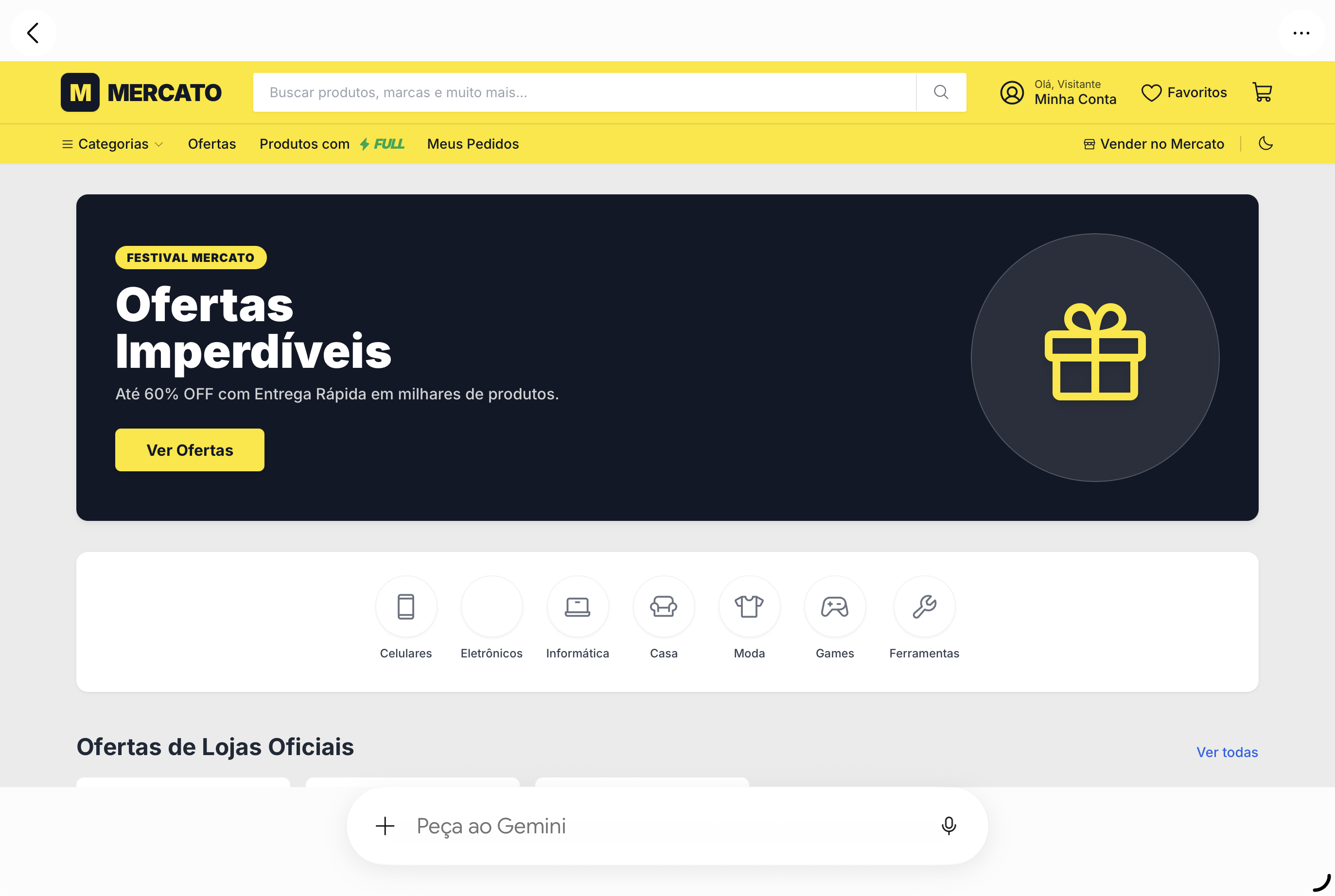 Header amarelo e interface baseada no Mercado Livre