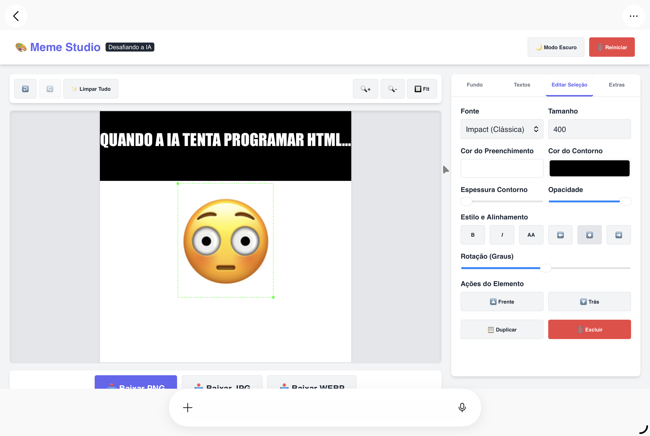 O layout complexo gerado inicialmente para o Meme Studio