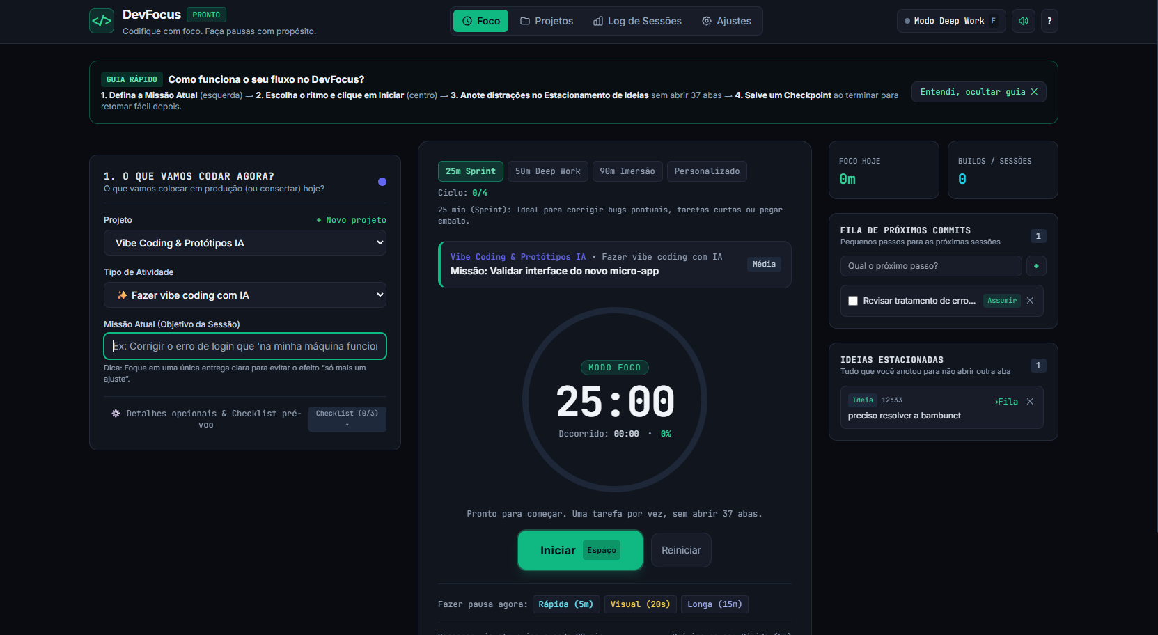 A interface do DevFocus refinada com UX Writing para programadores