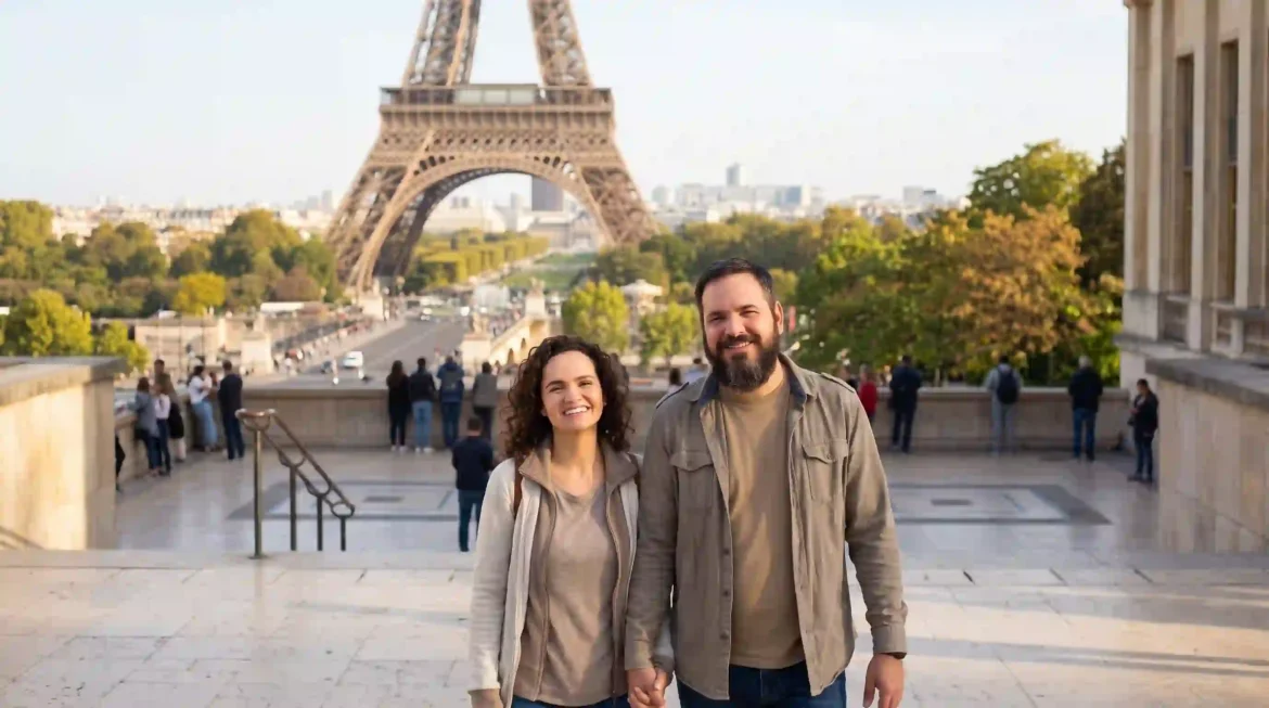 25 prompts para colocar a foto do casal em Paris com a Torre Eiffel ao fundo no Gemini. Pôr do sol, Trocadéro e Sena sem deformar o rosto.